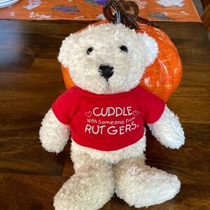 Rutgers stuffed animal-bear, shirt reads ”cuddle with someone from Rutgers”